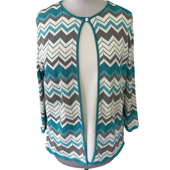 Alfred Dunner Women's‎ SZ L Chevron Pattern Cardigan Open Weave Turquoise, White - Picture 1 of 8